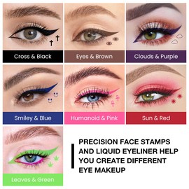 evpct 7Pcs Colored Eye Liners Face Stamp Cosplay Gothic Makeup Set Kit Accessories, Black Brown Purple Blue Red Pink Green Stamps Eyeliner, Star Flowers Heart Moon Triangle Lightning Butterfly Stamp