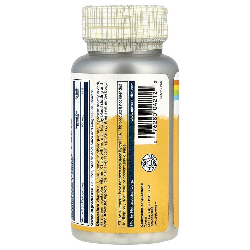 Solaray Vitamin K, 100 mcg, 100 Tablets