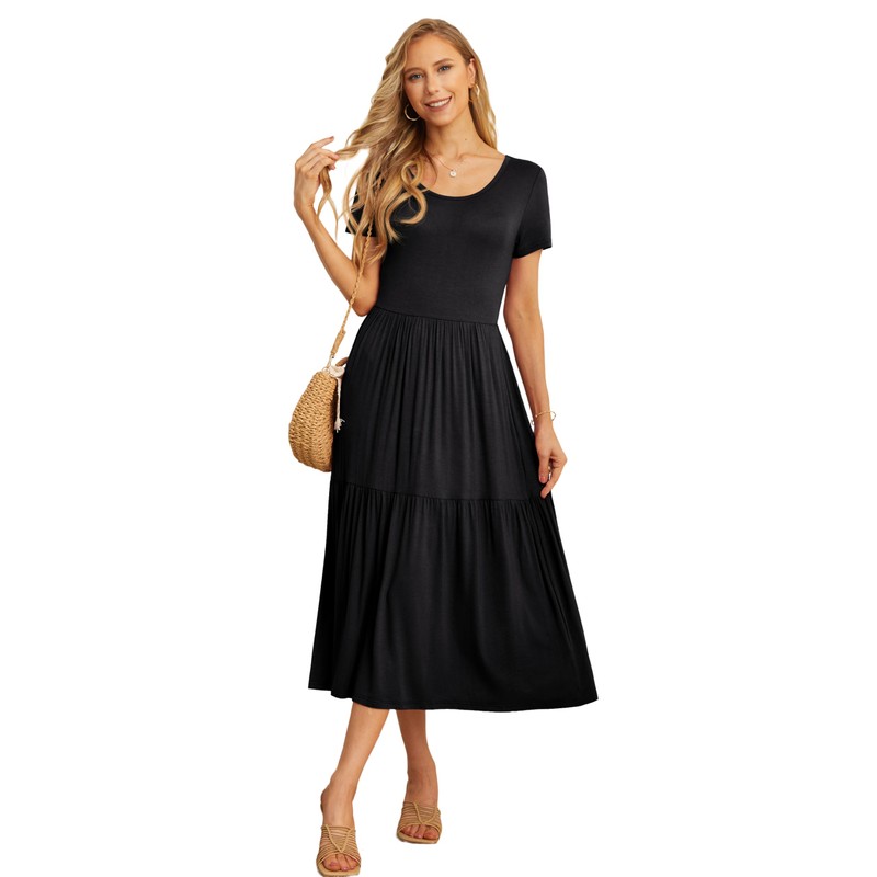 GRECERELLE Women's Summer Casual Short Sleeve Crewneck Tiered Flowy Maxi