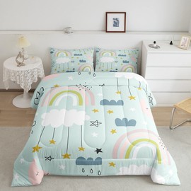 Kids Kawaii Comforter Set For Girls Boys Queen Rainbow Moon Stars Comforter Set Cute Cartoon Cloud Bedding Comforters Scandinavian Style Doodle Quilt Duvet Sets Children Bedroom Decor 2 Pillow Cases