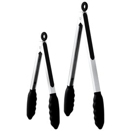GDRYINPO Premium Stainless Steel Locking Kitchen Tongs with Silicon Tips, Strong Grip, Grab Food,BBQ,Toss Salad, Set of 2-9” + 12”(Black/Black)