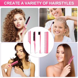 4Pcs Hair Brush Styling Combs Set, Anmieciu Bristle Hair Edge Brush, Teasing Brush Comb, Rat Tail Comb and Wide Tooth Comb for Women Girls Men Combing, Smoothing and Styling Hair (Pink)