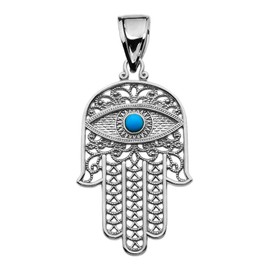 Collar con colgante de plata de ley Hamsa de mano con mal de ojo azul, Plata esterlina, Turquesa sintética