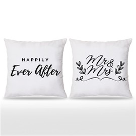 Mr.And Mrs. Happily Ever After 18 x 18 Inches Throw Pillow Covers Set Of 2,Bedroom Living Room Wedding Room Home Decor,Wedding Anniversary Engagement Gifts,Gift for Couples Husband Wife Bride Groom
