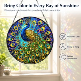 Peacock Stained Glass Suncatcher for Window, 9.8" Real Glass Window Hanging Decor, Vibrant Blue Sun Catchers Indoor Outdoor Garden Patio Decor, Unique Bird Gifts for Women, Mom, Grandma