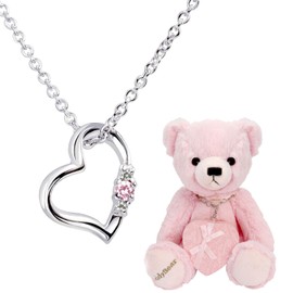 Sears 1491-tdt-01 Women's Natural Diamond Heart Necklace, Teddy Bear Plush Set, Silver, Pink Tourmaline