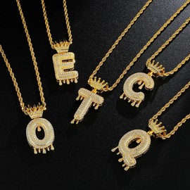 TKMIRA Gold Initial Letter Necklace for Women Men Iced Out Diamond Crown Letter A-Z Pendant Necklace with 24“ Rope Chain Hip Hop Jewelry (gold E)