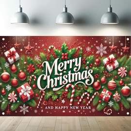 Saoplasa Christmas Backdrop Merry Christmas and Happy New Year Photography Background Red Holiday Banner with Candy Snowflakes Xmas Tree Decorations for Party Wall Decor Indoor Outdoor 71x 43 Inch