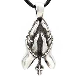 Trilogy Jewelry Pewter Praying Hands with Rosary Beads Pendant on Leather Necklace