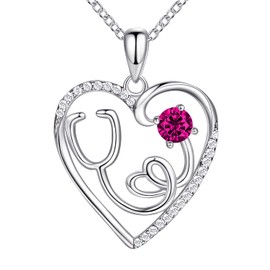 AmorAime 925 Sterling Silver Necklace for Women Heart Necklace Nurse Necklace Stethoscope Birthstone Necklace for Doctor Medical Student for Festival, Vacation or Holiday