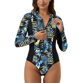 ECUPPER Rash Guard for Women Long Sleeve One Piece Swimsuit Zipper Front Bathing Suits Sun Protection Swimwear Built in Bra Green S