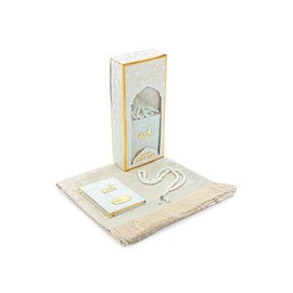 ihvan online Taffetastoff Muslim Prayer Mat & Velvet Covered Yasin Sure Paperback & Prayer Beads Set with Kraft Box, Islamic Ramadan and Eid Gifts, White