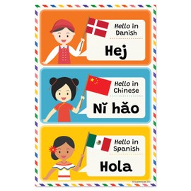 Quarterhouse Hello in 21 Languages Poster Set, Foreign Language - ESL Classroom Learning Materials for K-12 Students and Teachers, Set of 7, 12 x 18 Inches, Extra Durable