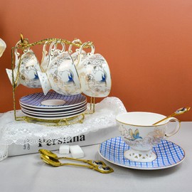 ACMLIFE Bone China Tea Cup and Saucer Set - Bone China Tea Coffee Cup and Saucer Set for 1, Vintage Teacups and Saucers, with Gold Trim and Gift Box (1, Light Blue)