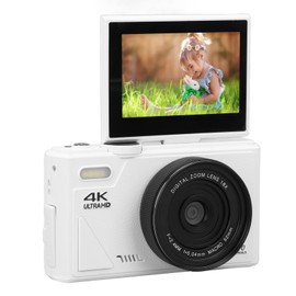 64MP Digital Camera, Camera Digital 4K, Foldable Screen, 4K Video, 18X Zoom, Rechargeable, with 3 Inch Flip Screen, Ideal with USB Connectivity for Beginners (White)