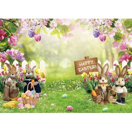 Easter Spring Garden Backdrop Easter Rabbit Eggs Pink Floral Green Lawn Fence Photography Background Baby Shower Kids Birthday Party Decorations Photo Props 7x5FT