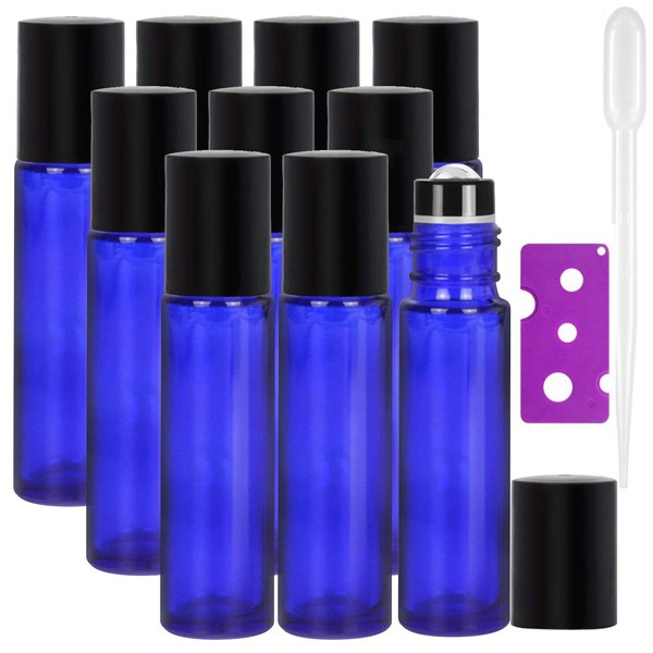 Yalbdopo Essential Oil Roller Bottles 10Pcs, 10ml Refillable Cobalt Blue Glass Roll on Bottles with Black Lids, 12 Labels, 1 Dropper & 1 Opener Included - Perfect for Aromatherapy (Upgraded)