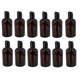 Natural Farms 4 oz Amber Boston Plastic Bottles -12 Pack Empty Bottle Refillable - BPA Free - Essential Oils - Aromatherapy | Black Press Down Disc Cap - Made in the USA