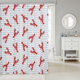 Lobster Shower Curtain Nautical Bathroom Shower Curtain Sets Retro Cartoon Ocean Stripes Marine Life Sea Wild Animals Fabric Shower Curtain 72"Wx72"L Red Blue Sea Coastal Seaside Vintage Bath Curtain