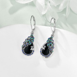 DAYLINLOVE Sterling Silver Black Onyx Peacock Earrings - Peacock Feather Jewelry