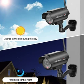 BNT Solar Powered Fake Security Camera, Bullet Dummy Security Camera Simulated Surveillance System with Realistic Red Flashing Light Sensor and Warning Sticker for Indoor/Outdoor(2Pack, Black)