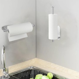 Paper Towel Holder Under Cabinet for Kitchen, Self-Adhesive or Drilling, Paper Towel Holder Wall Mount, SUS304 Stainless Steel, Silver