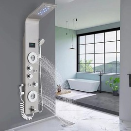 LED Rainfall Waterfall Shower Head Rain Massage System with Body Jets, Stainless Steel Bathroom Shower Panel Tower System, Brushed Nickel - Color: Brushed Nickel