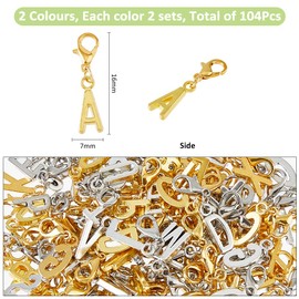 SUPERFINDINGS 104Pcs 2 Colors A-Z Alphabet Letter Charms Initial Letter Charm with Lobster Clasp Alloy Uppercase Letters Pendants for DIY Keychain Chain Bracelets Jewelry Making Craft