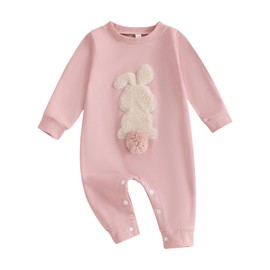 Easter Baby Boy Girl Outfit Embroidery Bunny Rompers Bunny Tail Jumpsuit Unisex Newborn Infant Easter Clothes (Pink, 12-18 Months)