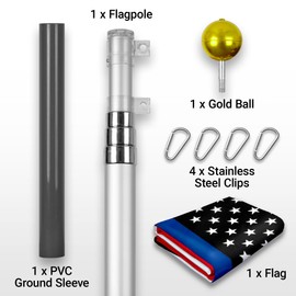 G128 Combo Pack: 16 Ft Telescoping Aluminum Flagpole (Silver) & Blue Lives Matter Flag 3x5 Ft, ToughWeave Series Embroidered 210D Polyester | Pole with Flag Included