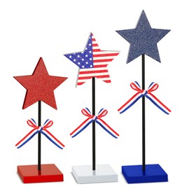 Jansun 3 Pcs 4th of July Tiered Tray Table Decor Wooden Star Set, Red White and Blue Patriotic Wood Block Tabletop Decorations, Independence Day Memorial Day Rustic Centerpieces for Home Party