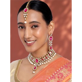 Aheli Indian Wedding Wear Beaded Faux Kundan Pearl Collar Set con Maang Tikka Ethnic Fashion Jewelry para mujeres