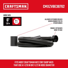 CRAFTSMAN CMXZVBE38762 1-1/4 in. x 6 ft. Friction Fit Wet Dry Vac Hose Attachment Kit, Fits Most Wet/Dry Vacuums with a 2-1/2 inch Drum Inlet and Attaches to 1-1/4 in. Accessories