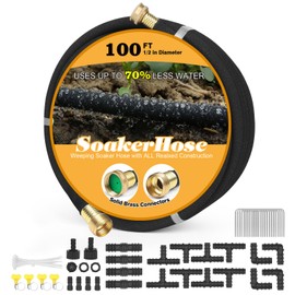 Soaker Hose 100ft for Garden Beds Solid Brass Interface Irrigation Save 70% Water Heavy Duty Rubber 1/2" Diameter Great for gardens/flower beds Accessories Contain Various Connections