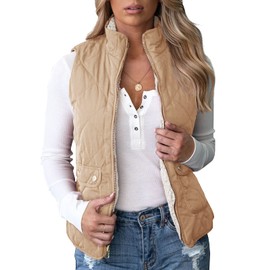 Valphsio Womens Lightweight Padding Cream Color Vest Reversible Quilted Sherpa Fleece Vest
