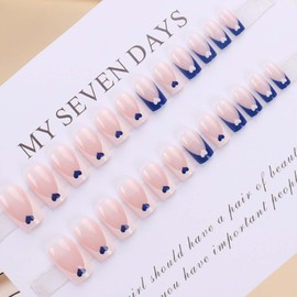 YoYoee Medium French False Nails Nude Square Nails Tips Cute Press on Nails Blue Fake Nails for Women and Girls 24PCS
