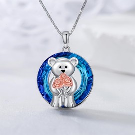 PROESS Teddy Bear Rose Necklace 925 Sterling Silver Rose Pendant Crystal Teddy Bear Jewelry Gifts for Women