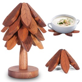 Wooden Trivets for Hot Dishes, Tree Shape Trivet Set, Trivets for Hot Dishes, Collapsible Hot Pad Trivet Tree Coaster, for Restaurant, 4 Wooden Trivet + 1 Stand （Walnut Wood）