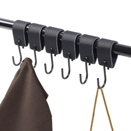 Lxoraziy 6 Pieces Leather S Hooks for Hanging, Stainless Steel S Shaped Multifunctional Hook, Leather Hooks Hanging Coats, Cups, Towels, Kitchen (Black)