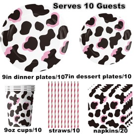 Cow Birthday Party Supplies-Complete Pack Cow Party Tableware Set Including Cow Party Plates Cups Napkins Straws Serves 10 for Cow Theme Birthday Baby Shower Decorations