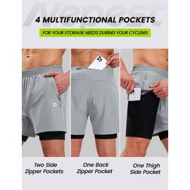 Nepest Men's Mountain Padded Bike Shorts Cycling Bicycle 4D Gel Padding 2 in 1 Biking Shorts MTB Liner Baggy Lightweight Quick Dry Zipper Pockets Light Grey/Black,XL