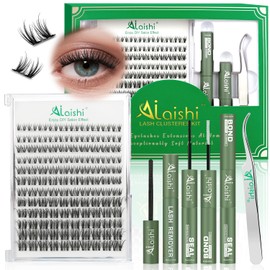 AILAISHI Lash Clusters Kit, DIY 3D Cluster Eyelash Extensions 10‑18mm,120pcs Fluffy D Curl Soft Natural Lashes with Bond and Seal,Remover,Tweezers–Fake Cat Eye Wispy Individual Clusters MIX1-1-L