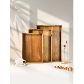 SNAZZORA Set of 3 Decorative Serving Trays - Acacia Wood + Golden Steel Handles - Coffee Table or Ottoman Tray for Breakfast in Bed Jewelry, Decor Organization