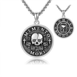 HBLICY Memento Mori Necklace Sterling Silver Memento Mori Skull Rose Pendant Necklace Skull Jewelry Valentine's Day GIfts for Women Men