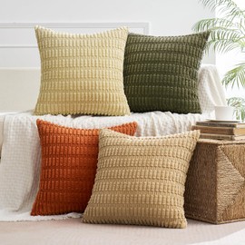 MIULEE Set of 4 Corduroy Cushion Covers, 50 x 50 cm, Modern, Soft, Decorative Cushion Covers for Living Room Sofa, Bedroom, Boho Decor, Brown/Green Series