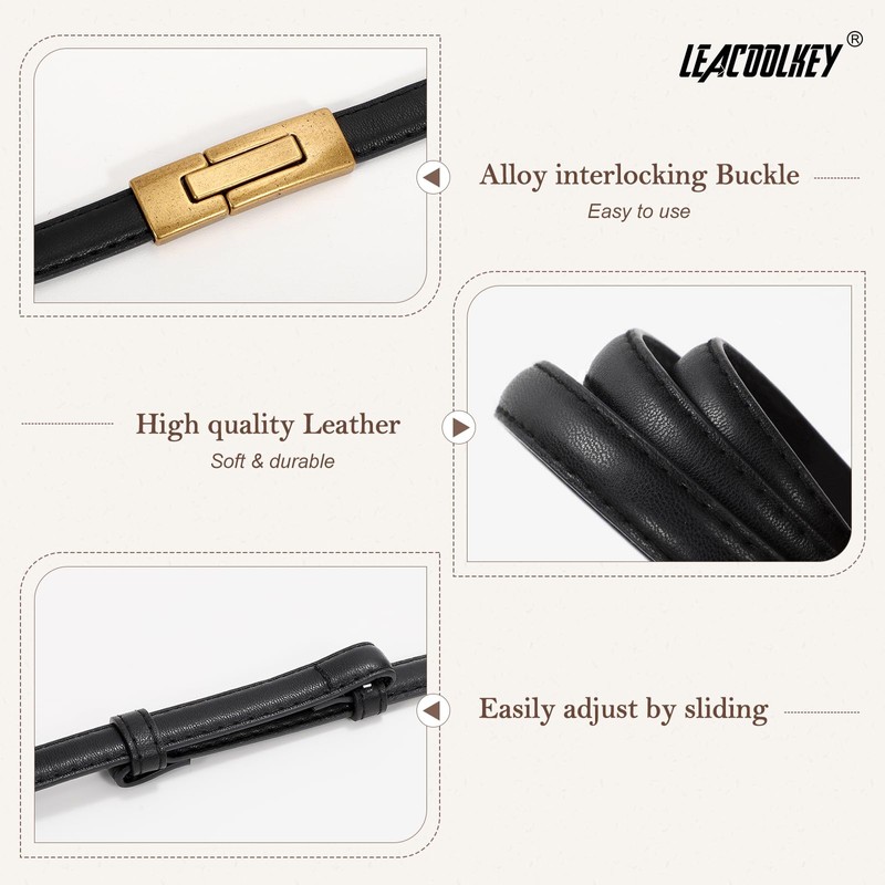 LEACOOLKEY Women Skinny Belts Leather Thin Waist Belts for Dress