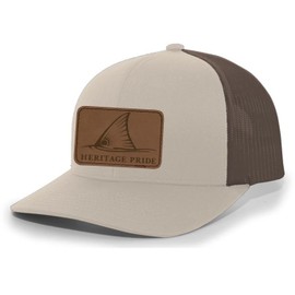Heritage Pride Redfish Fin Laser Engraved Leather Mens Trucker Hat Baseball Cap, Khaki/Brown