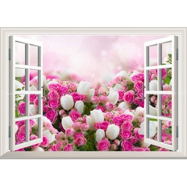 Painting Style Wallpaper Poster (Removable Seal Type) -Window Scenery - Pink Roses and White Tulips Rose Tulip [Window Specifications/Trick Art] Caracro FROS-017MA1 (A1 Edition, 830mm x 585 mm)