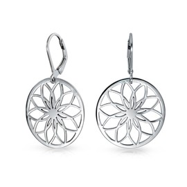 Round Circle Cutout Flower Leverback Dangle Earrings For Women 925 Sterling Silver