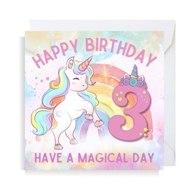Second Ave Cute Pink Unicorn 3rd Birthday Age 3 Square Birthday Greeting Card for Girl